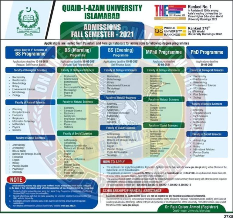 Quaid E Azam University Admission 2023