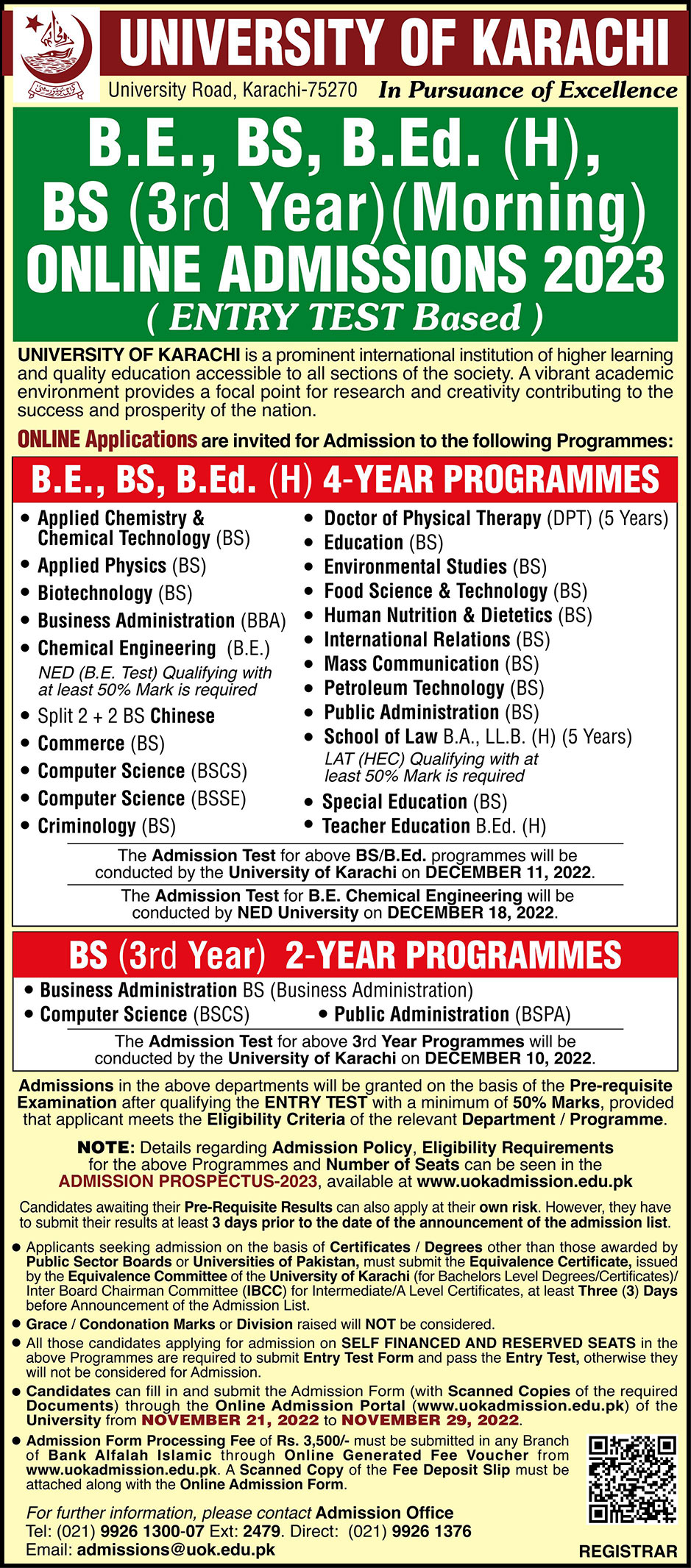University of Karachi Admission 2023