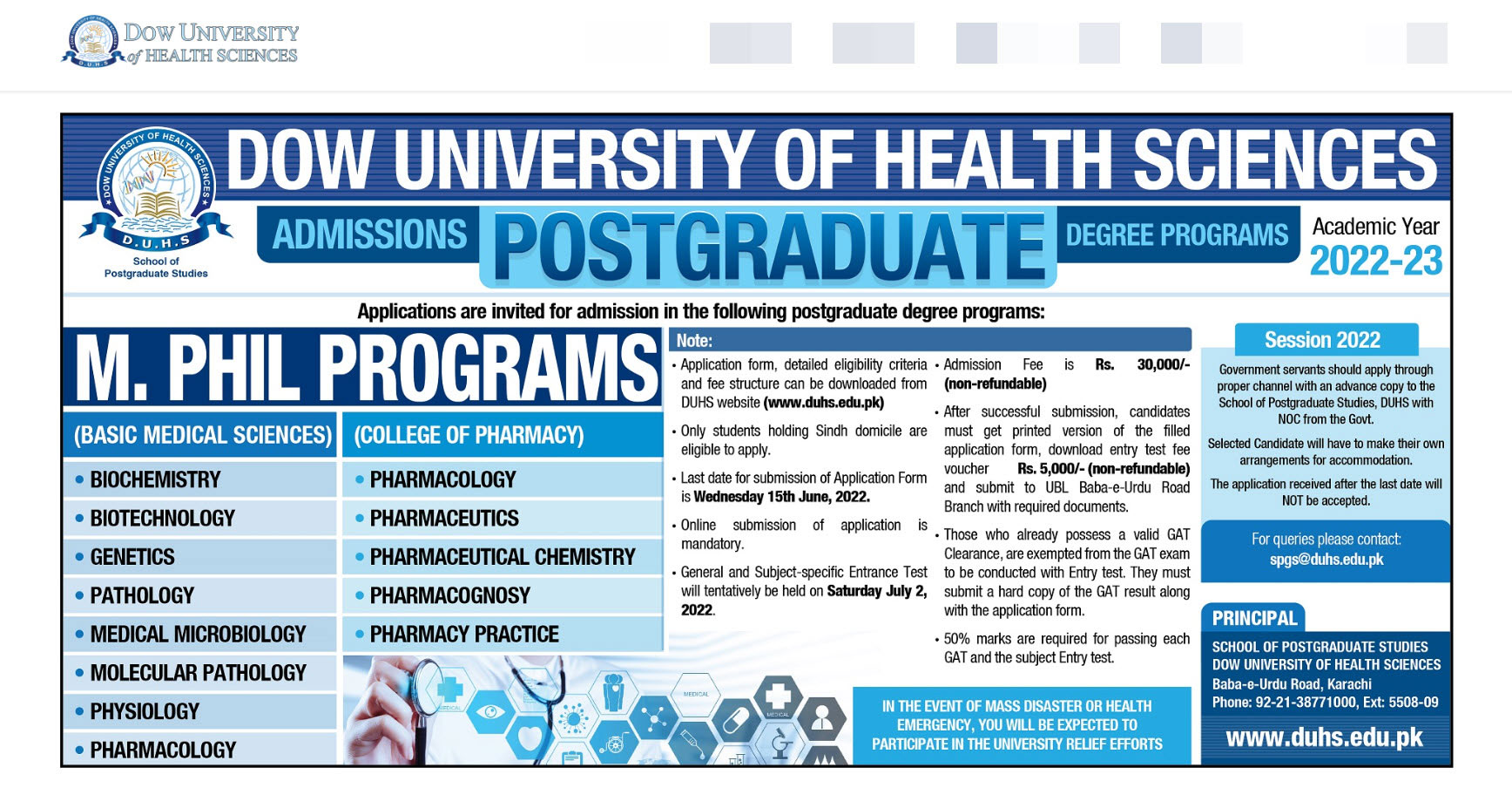 Dow University of Health Sciences Admission 2023 Apply Online