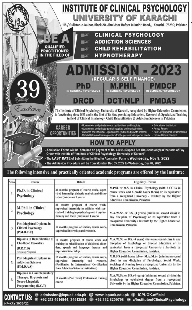 Institute of Clinical Psychology University of Karachi Admission 2023 - 2024