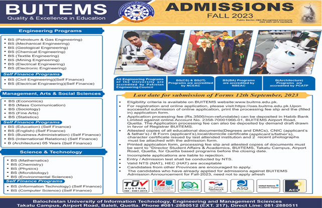 Baluchistan University of It & Management Sciences, Quetta admission advertisement 2023