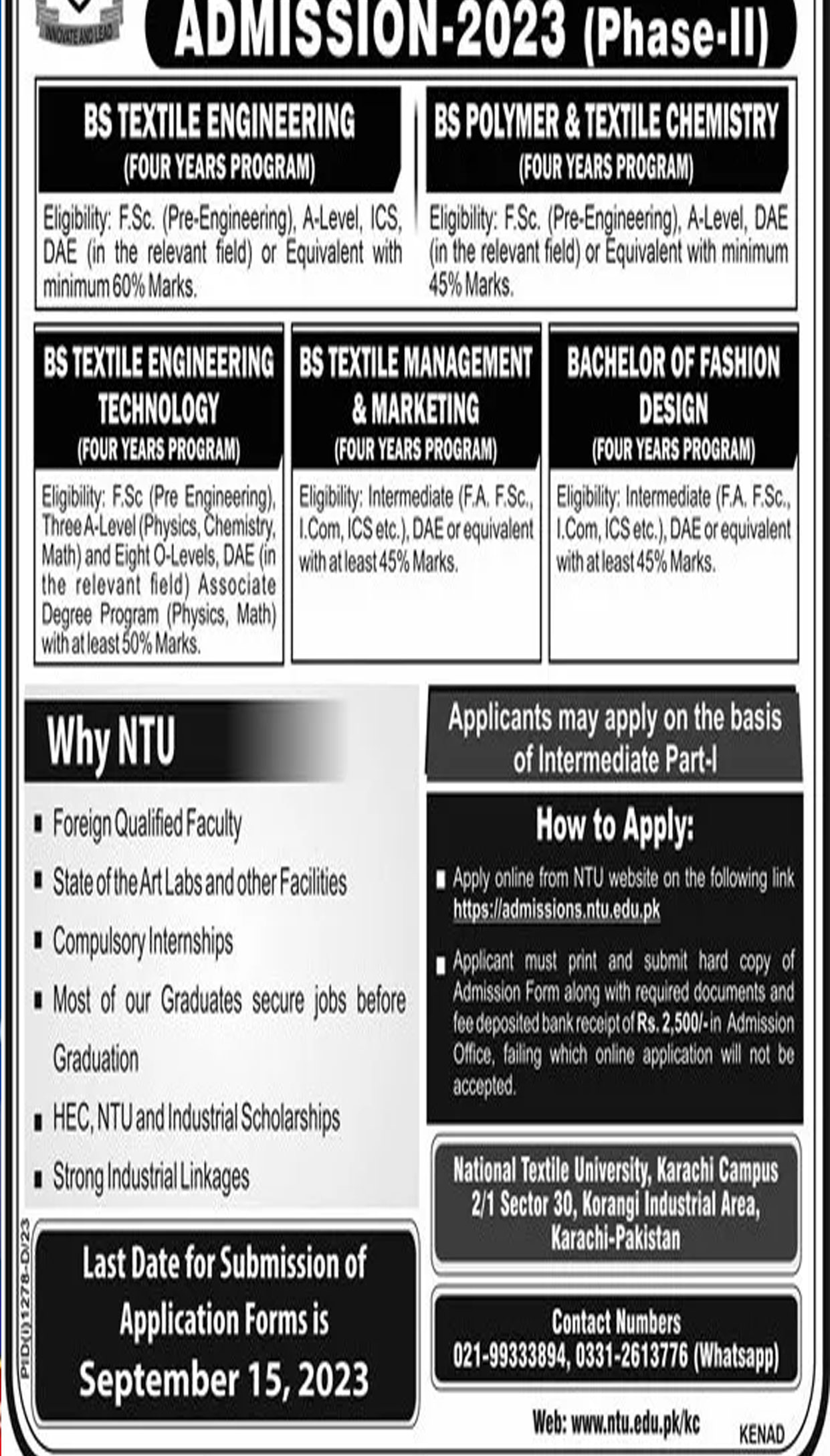 National Textile University Faisalabad Sub Campus Karachi Admission 2023