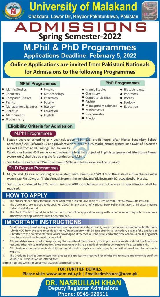 University Of Malakand Chakdara Admission 2024