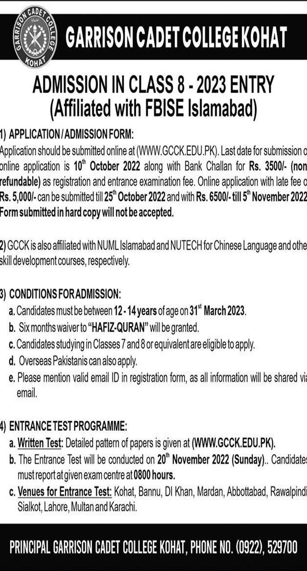 Garrison Cadet College Kohat Admission