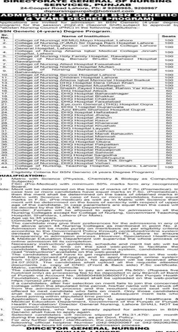 Government nursing admission 2023 in Pakistan 