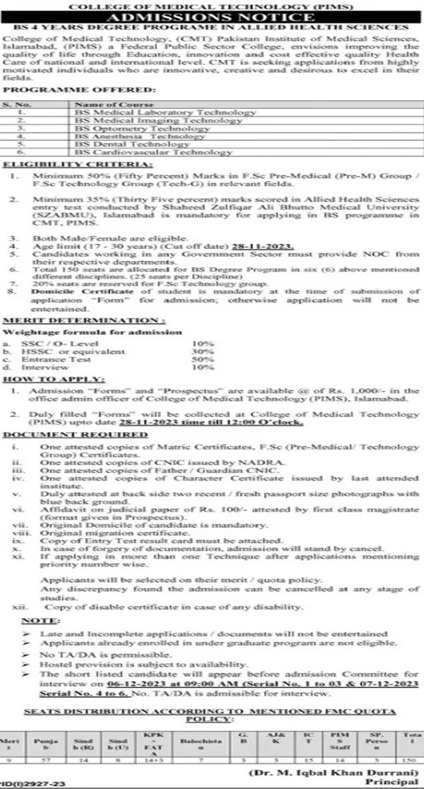 College Of Medical Technology/Pims Islamabad Admission 2024 