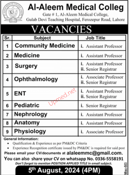 Al Aleem Medical College Lahore Admission